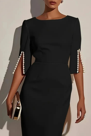 Women’s Elegant Pencil Midi Dress with Pearl Sleeve