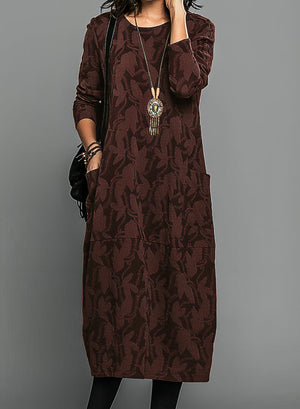 Women’s Long Sleeve Printed Midi Dress with Side Pockets