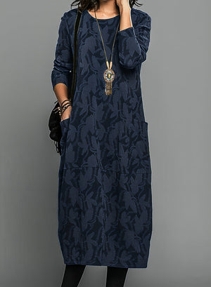 Women’s Long Sleeve Printed Midi Dress with Side Pockets