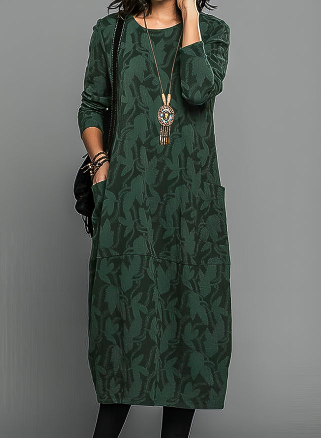 Women’s Long Sleeve Printed Midi Dress with Side Pockets