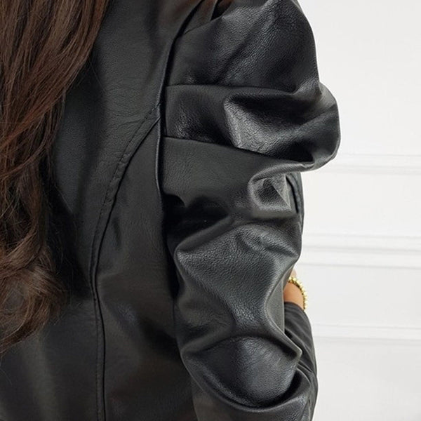 Chaqueta corta de cuero sintético para mujer con mangas abullonadas y cremallera frontal