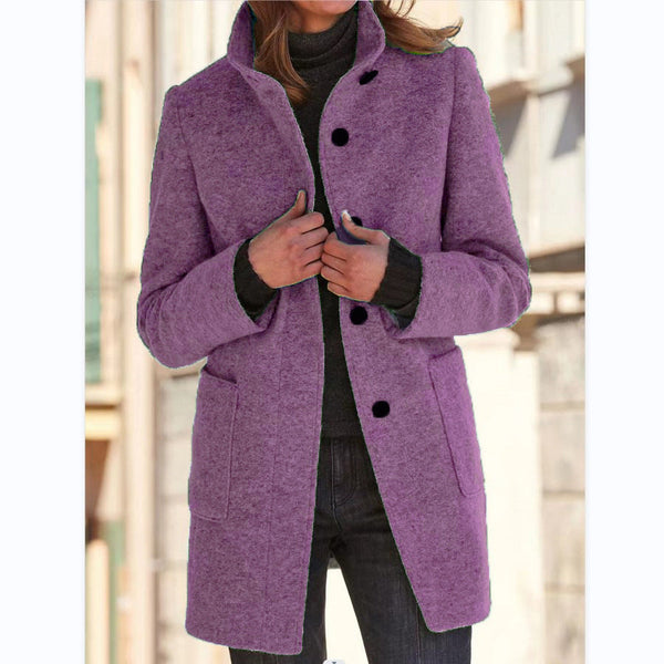Women's Button Front Stand Collar Mid-Length Casual Coat