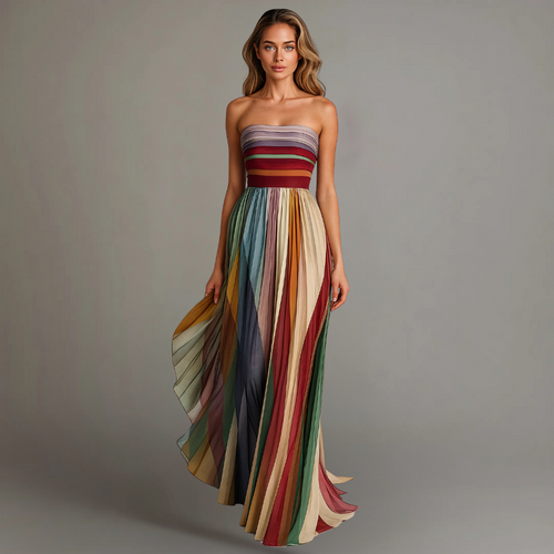 Women’s Strapless Pleated Boho Rainbow Maxi Dress