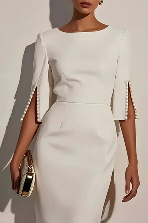 Women’s Elegant Pencil Midi Dress with Pearl Sleeve
