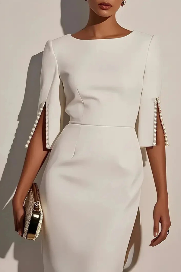 Women’s Elegant Pencil Midi Dress with Pearl Sleeve