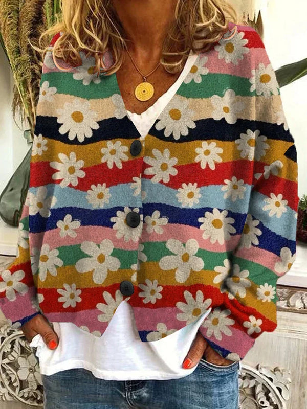 Women's Floral Color Block V-Neck Knit Sweater