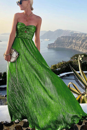 Elegant Strapless A-Line Evening Gown with Metallic Pleats