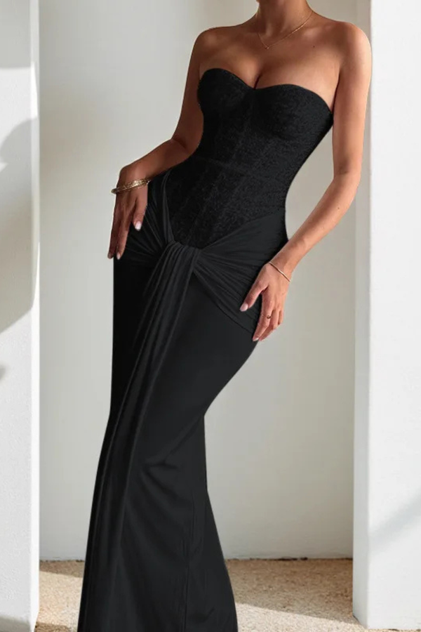 Women's Strapless Sweetheart Neck Ruched Maxi Dress
