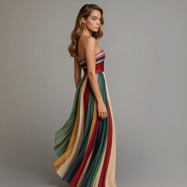 Women’s Strapless Pleated Boho Rainbow Maxi Dress