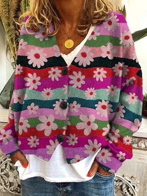 Women's Floral Color Block V-Neck Knit Sweater