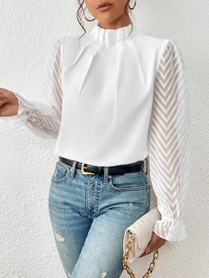 Elegant Sheer Sleeve Chic High-Neck Blouse for Women