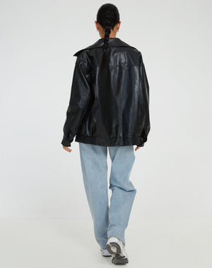 Women’s Oversized Faux Leather Jacket with Relaxed Fit and Zip Front