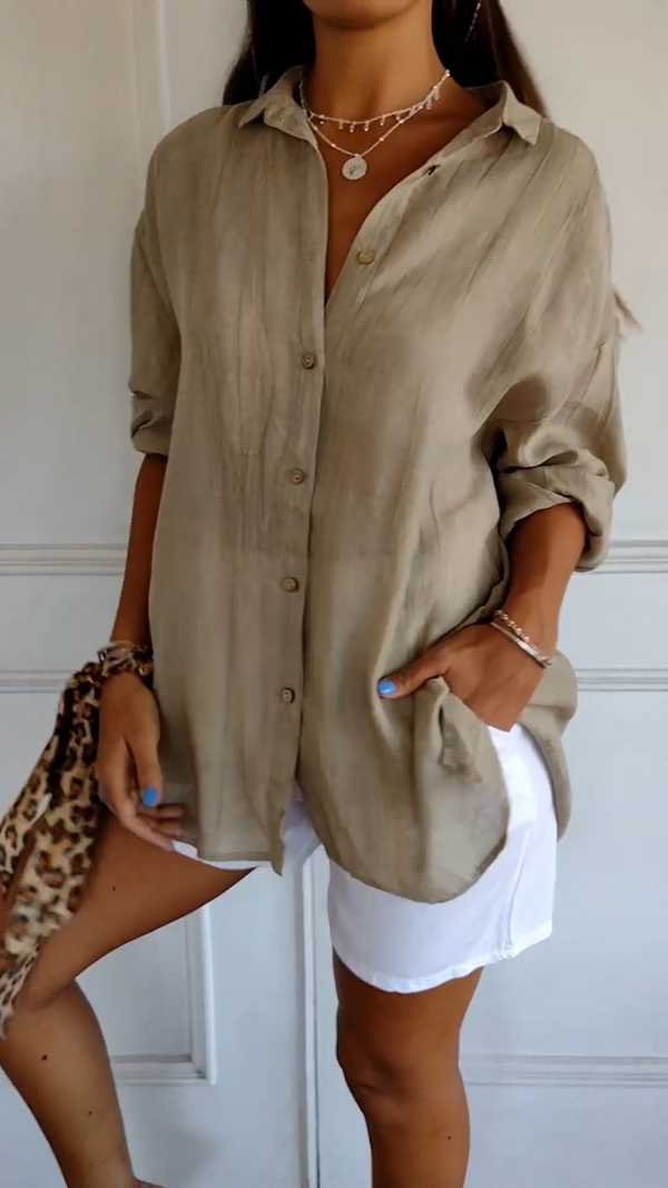 Women's Relaxed Button-Up Collared  Long Sleeve Blouse