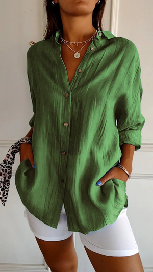 Women's Relaxed Button-Up Collared  Long Sleeve Blouse