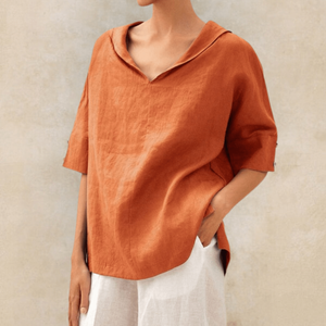 Women's Relaxed V-Neck Oversized Blouse with Rolled Short Sleeves