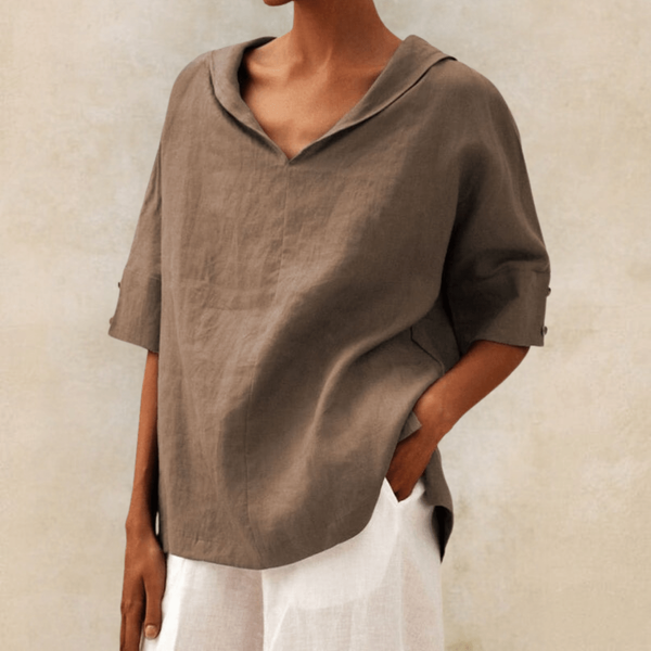 Women's Relaxed V-Neck Oversized Blouse with Rolled Short Sleeves