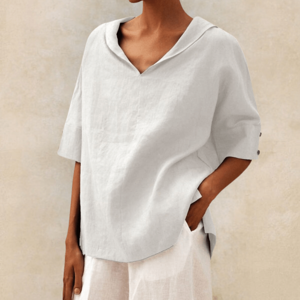 Women's Relaxed V-Neck Oversized Blouse with Rolled Short Sleeves