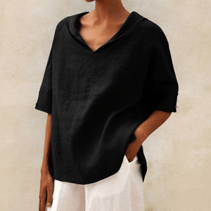 Women's Relaxed V-Neck Oversized Blouse with Rolled Short Sleeves