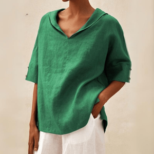 Women's Relaxed V-Neck Oversized Blouse with Rolled Short Sleeves