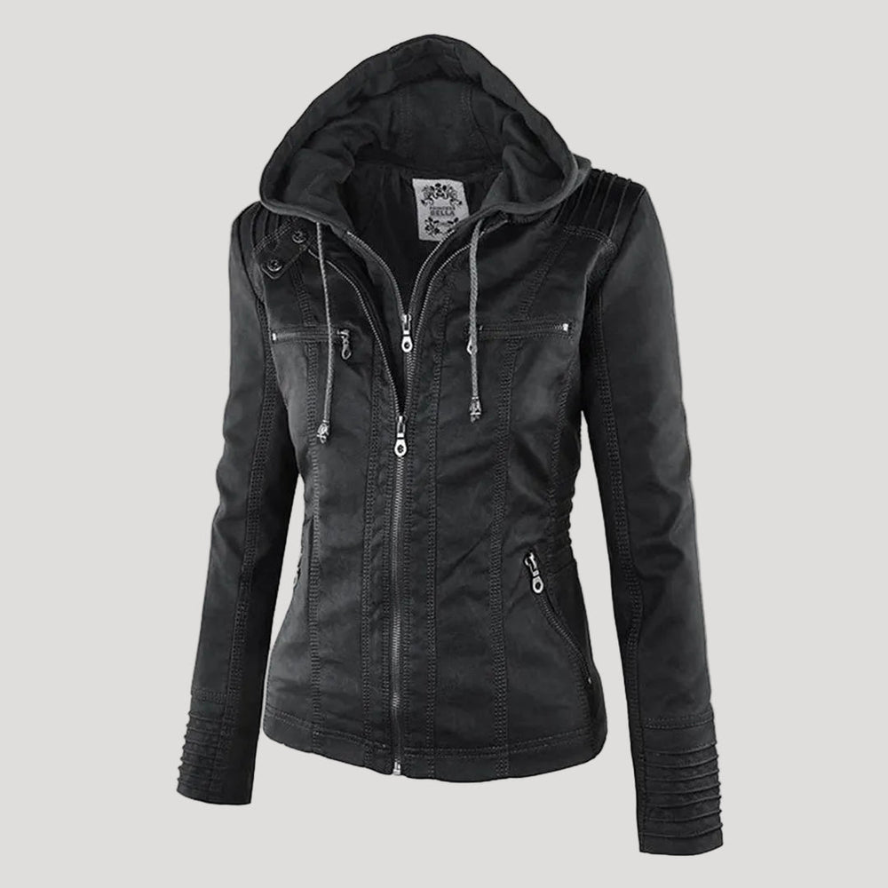 Women's Faux Leather Jacket with Hood