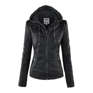 Women's Faux Leather Jacket with Hood