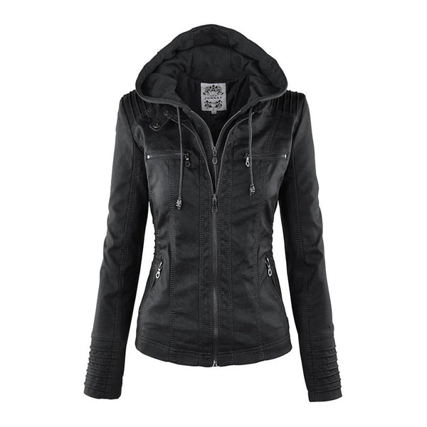 Women's Faux Leather Jacket with Hood