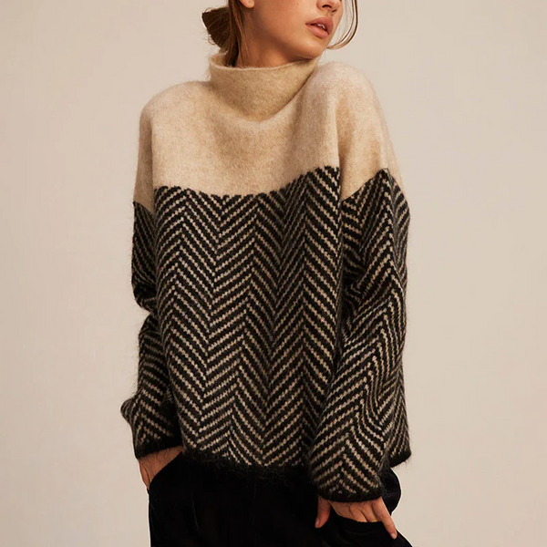Colorblock Herringbone Knit Turtleneck Sweater for Women