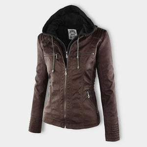 Women's Faux Leather Jacket with Hood