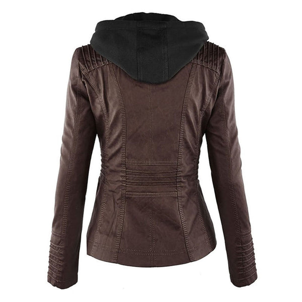 Women's Hooded Faux Leather Moto Jacket with Zip Front