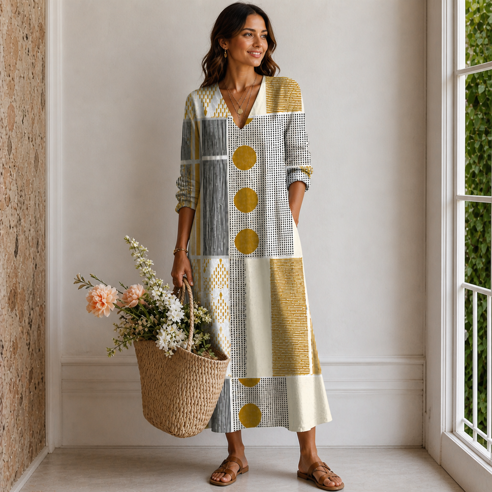 Women’s Patchwork Long Sleeve V-Neck Boho Maxi Dress