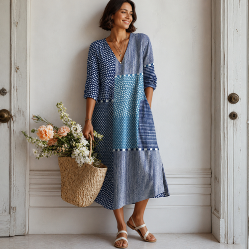 Women’s Bohemian V-Neck Long Sleeve Patchwork Midi Dress