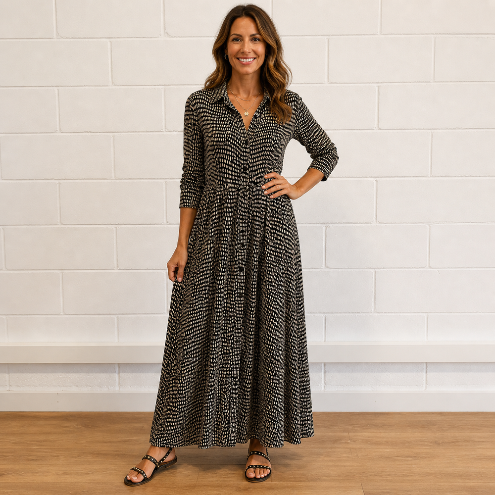 Women's Printed V-Neck Long Sleeve Maxi Dress