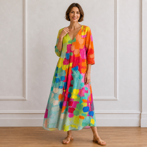 Women’s Color Splash Artistic Boho V-Neck Maxi Dress