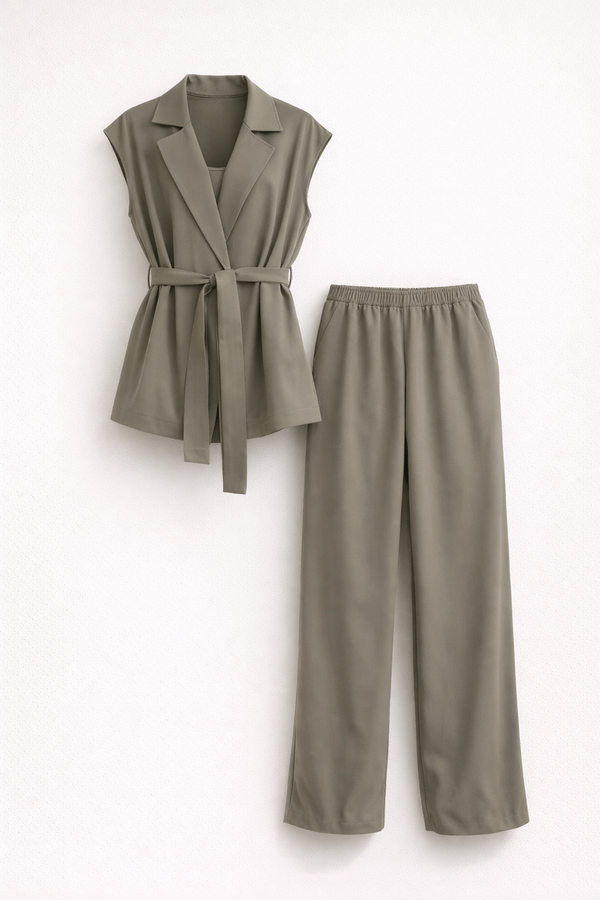 Women's Belted Vest & Wide Leg Pants Set