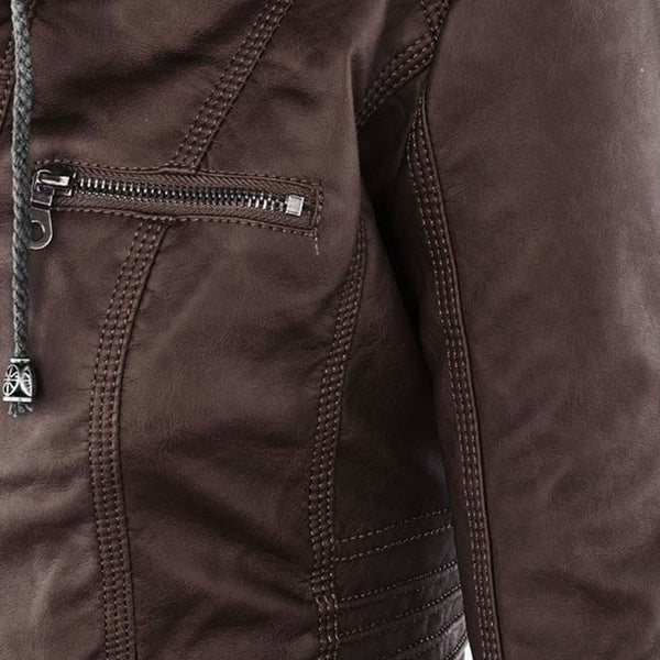 Women's Hooded Faux Leather Moto Jacket with Zip Front