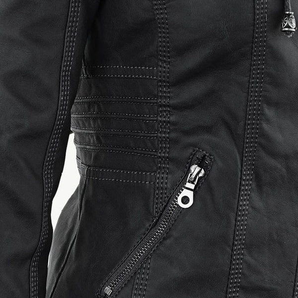 Women's Hooded Faux Leather Moto Jacket with Zip Front