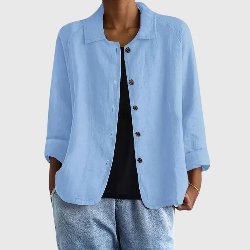 Blusa relajada para mujer con botones al frente y cuello con solapa