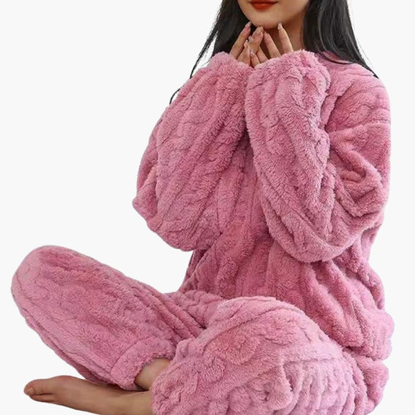 Soft Fleece Women Pajama Set Long-Sleeved Elastic-Waist