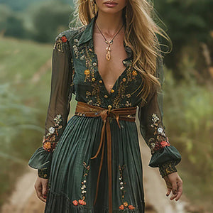 Women's Vintage Floral Maxi Dress with Sheer Sleeves