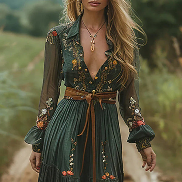 Women's Vintage Floral Maxi Dress with Sheer Sleeves
