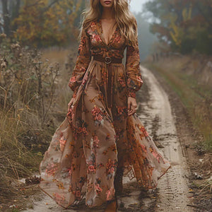 Women's Vintage Floral Maxi Dress with Sheer Sleeves