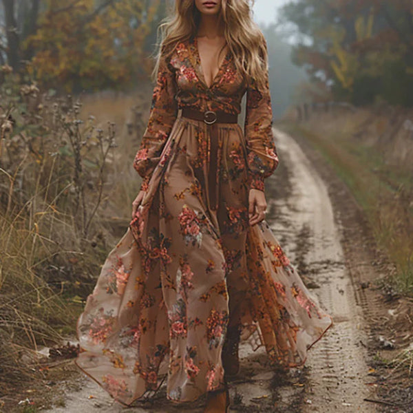 Women's Vintage Floral Maxi Dress with Sheer Sleeves