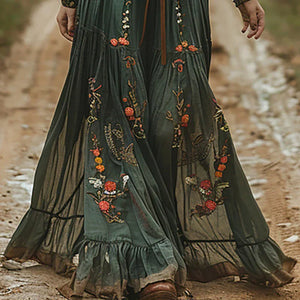 Women's Vintage Floral Maxi Dress with Sheer Sleeves