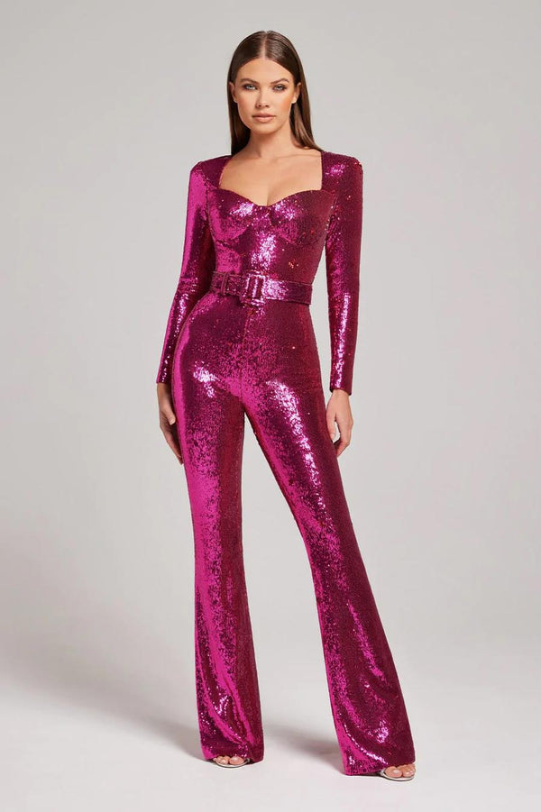 Elegant Sequin Long Sleeve Flared Jumpsuit