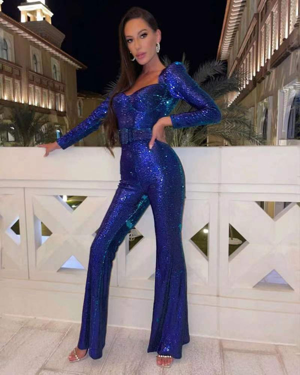 Elegant Sequin Long Sleeve Flared Jumpsuit