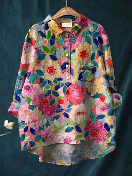 Women's Watercolor Bloom Button-Up Blouse