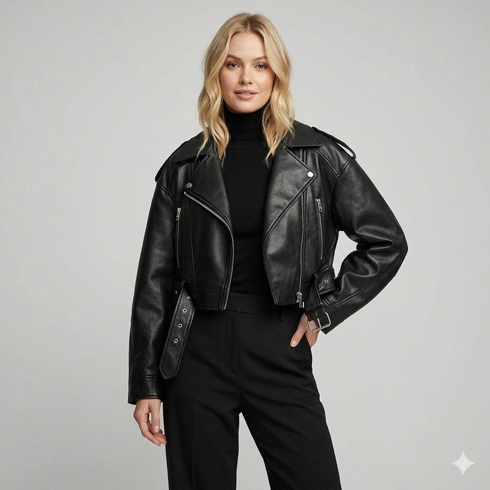 Belted Zip-Up Biker Style Cropped Moto Jacket
