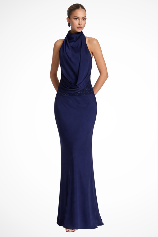 Women’s Backless Halter Neck Maxi Dress with Draped Front