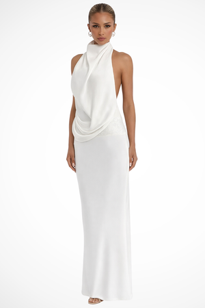 Women's Halter Neck Draped Satin Maxi Dress