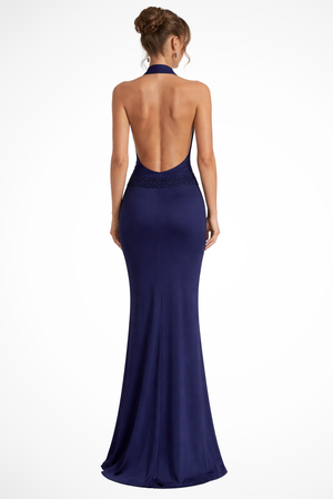 Women’s Backless Halter Neck Maxi Dress with Draped Front